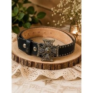 Cache Black Leather Studded Belt Maltese Cross Crystal Buckle Made in USA y2k